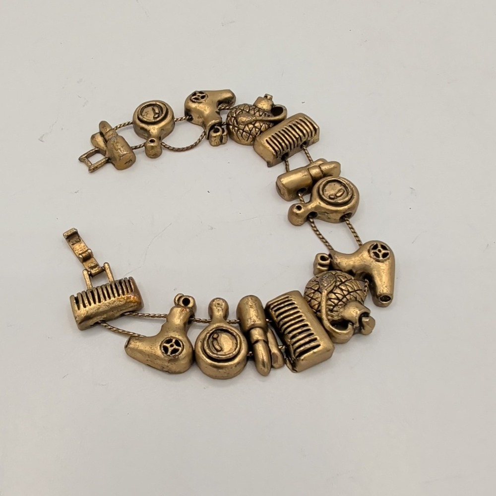 Vintage Gold Tone Hairdresser Salon Stylist Charm Bracelet Comb Mirror Dryer‎
